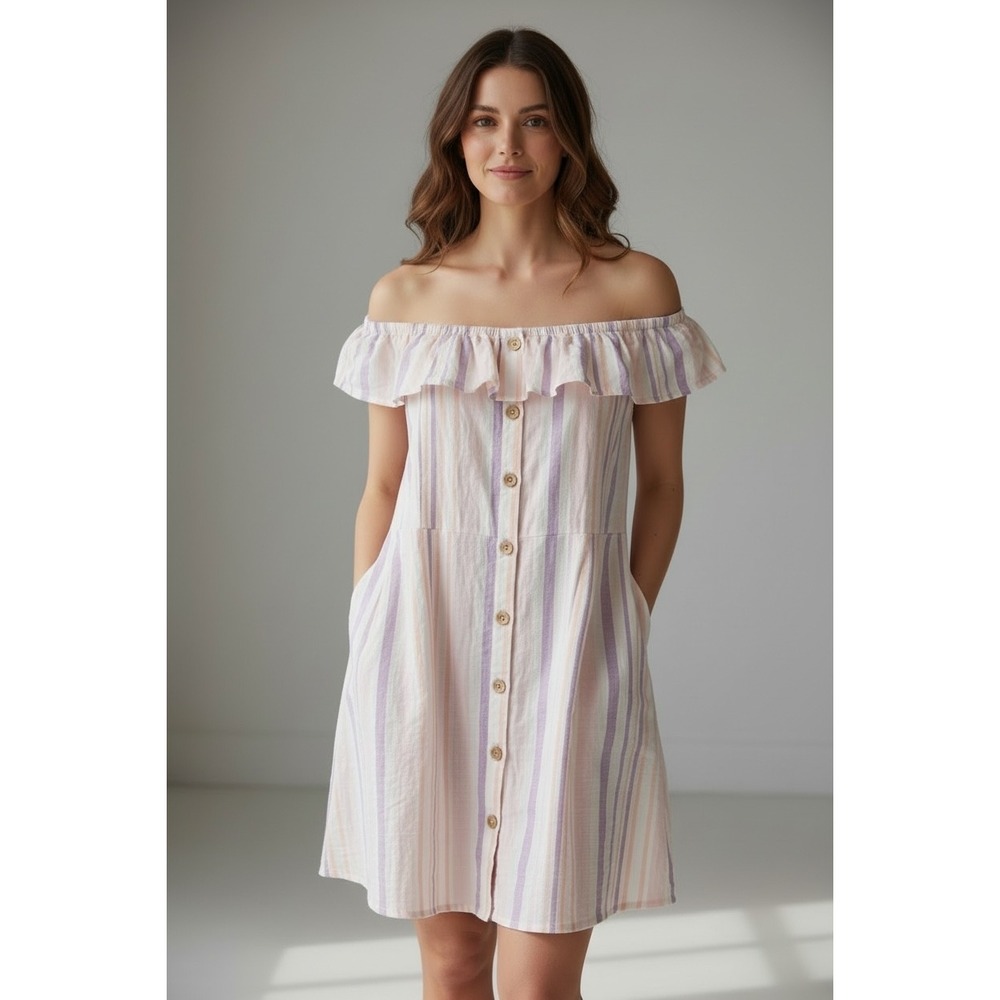 Off-Shoulder Striped Mini Dress in Pastel Pink